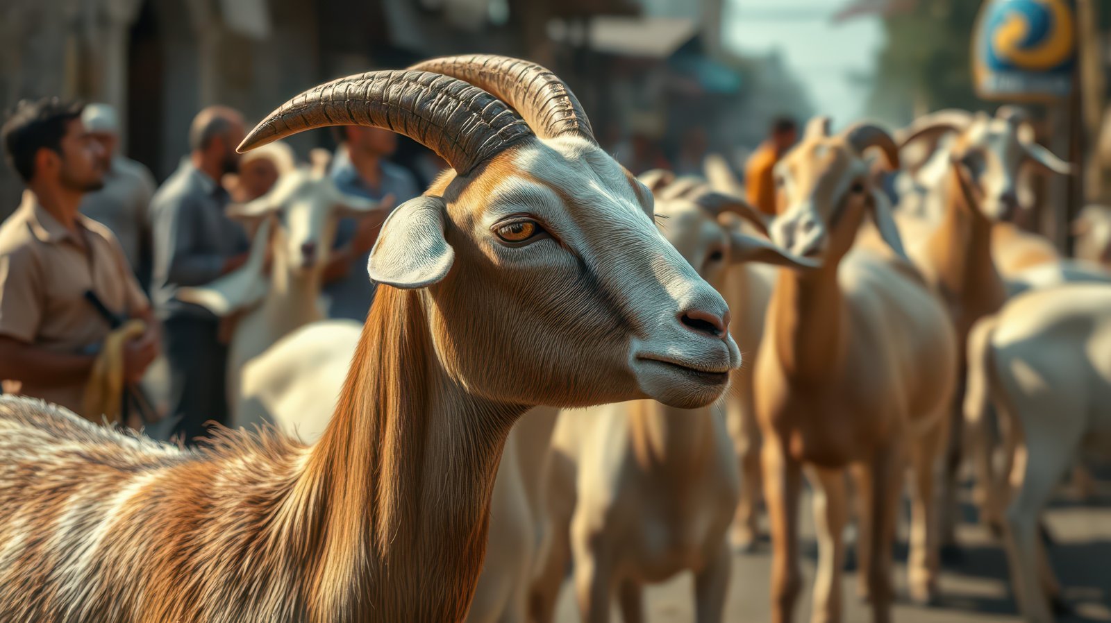 Busy market street with goats walking and people observing in a vibrant environment during daylight